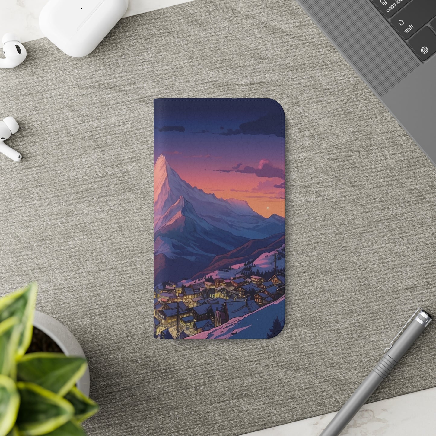 Snowy Mountain Landscape Sunset Flip Phone Case - Discover Serenity with a Charming Mountain Village