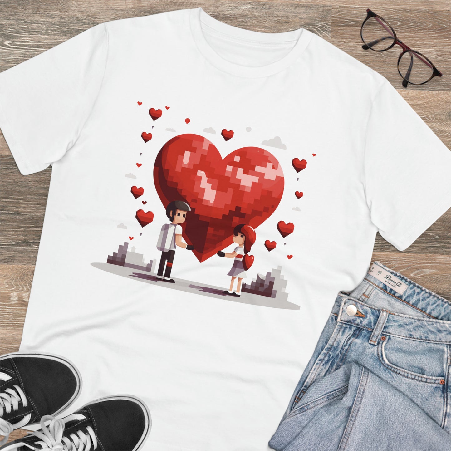 Pixel Love Eco Tee - Valentine's Day Pixel Heart Couple Shirt