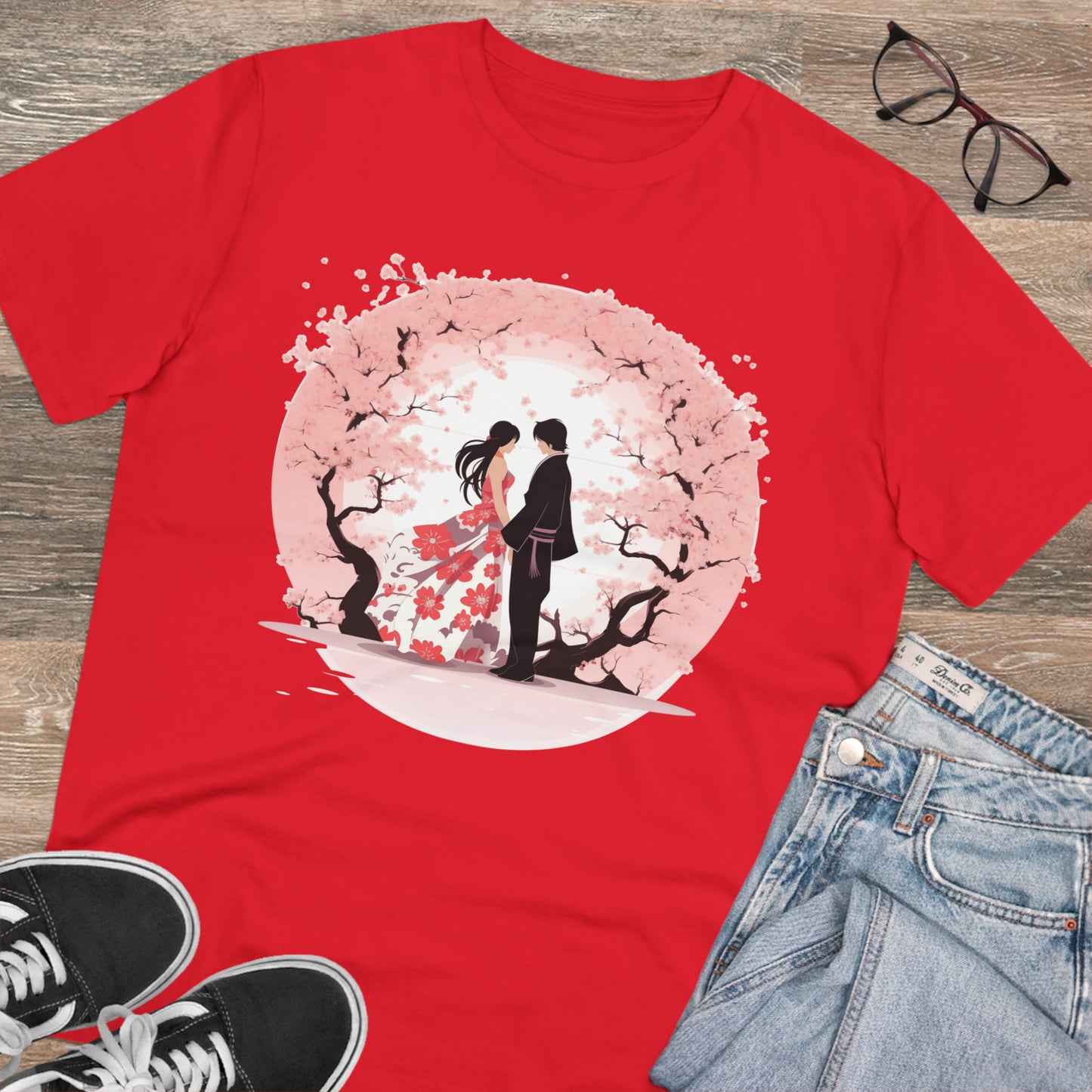 Cherry Blossom Romance T-shirt - Japanese Couple Design - Valentine's Day Special