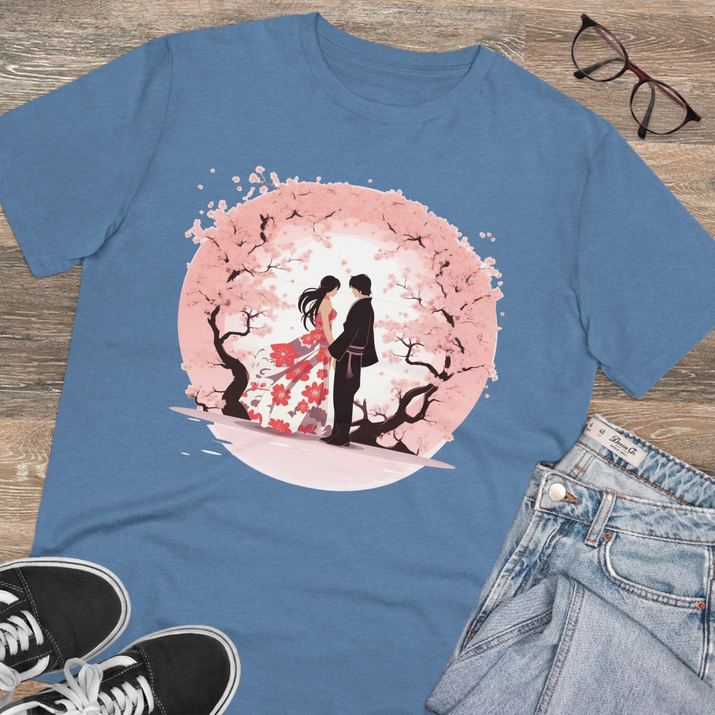 Cherry Blossom Romance T-shirt - Japanese Couple Design - Valentine's Day Special