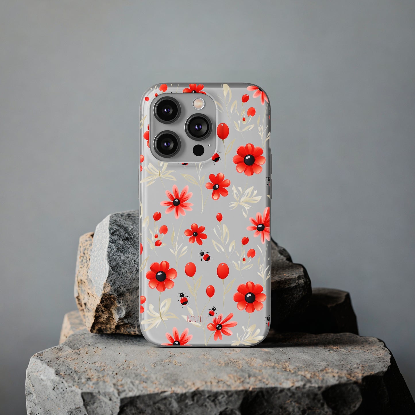 Red Flowers & Cute Bugs: Transparent Flexi Phone Case