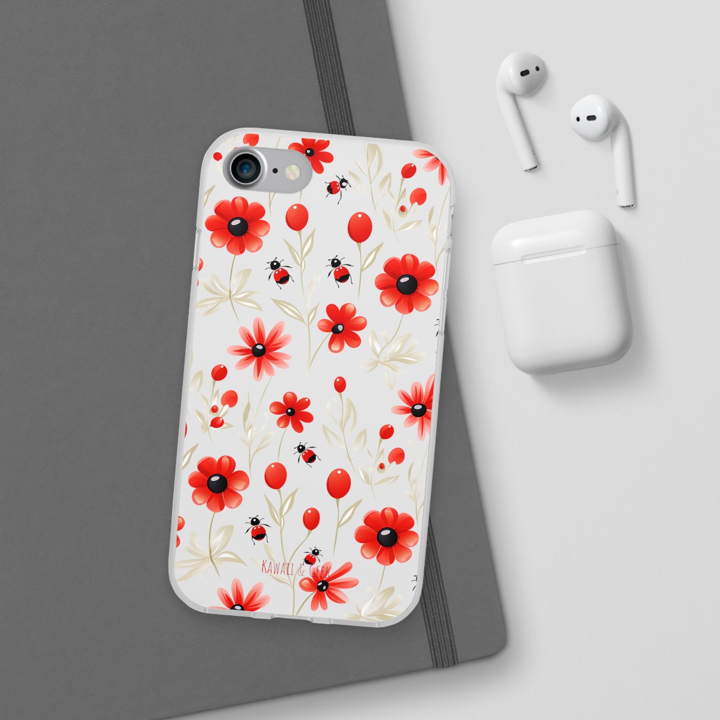 Red Flowers & Cute Bugs: Transparent Flexi Phone Case