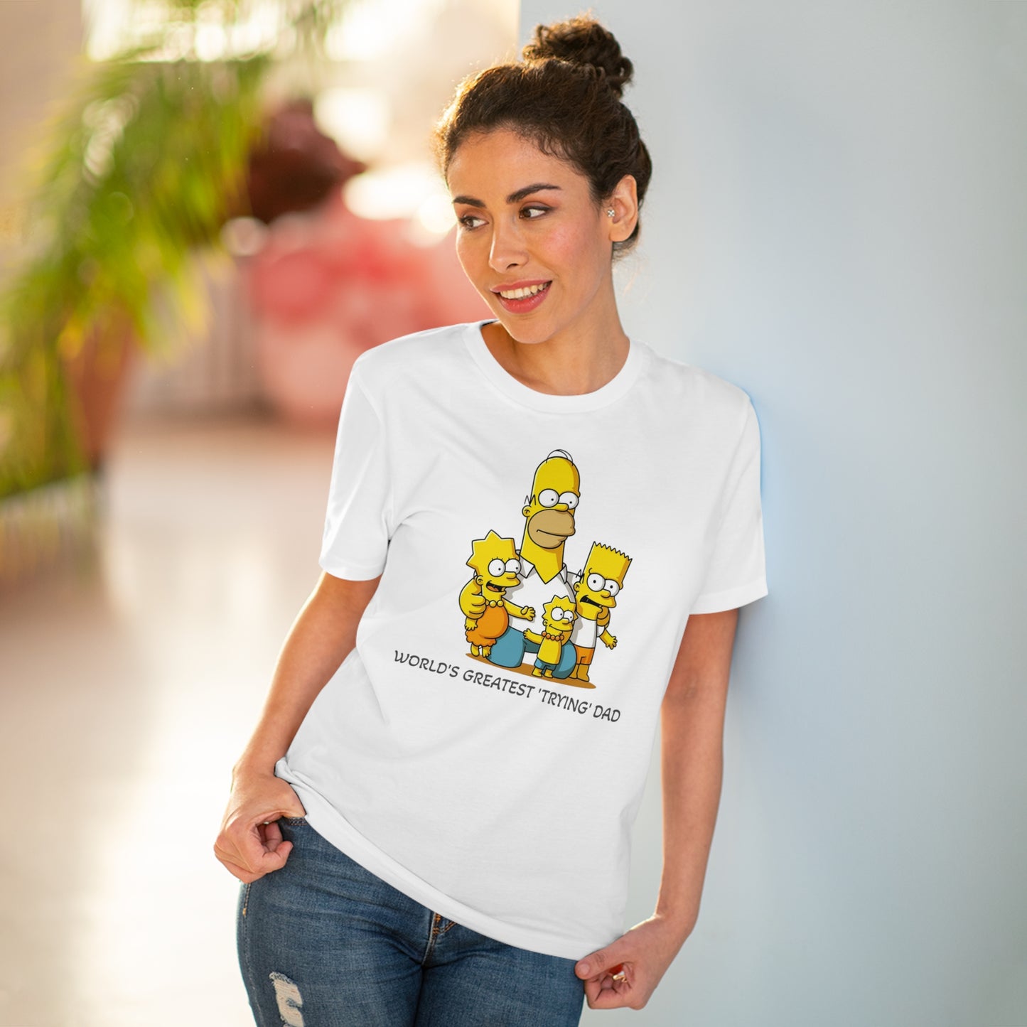 World's Greatest Trying Dad - Unisex Eco-Friendly T-Shirt - Celebrate Father's Day with Cute Homer Simpson and His Kids