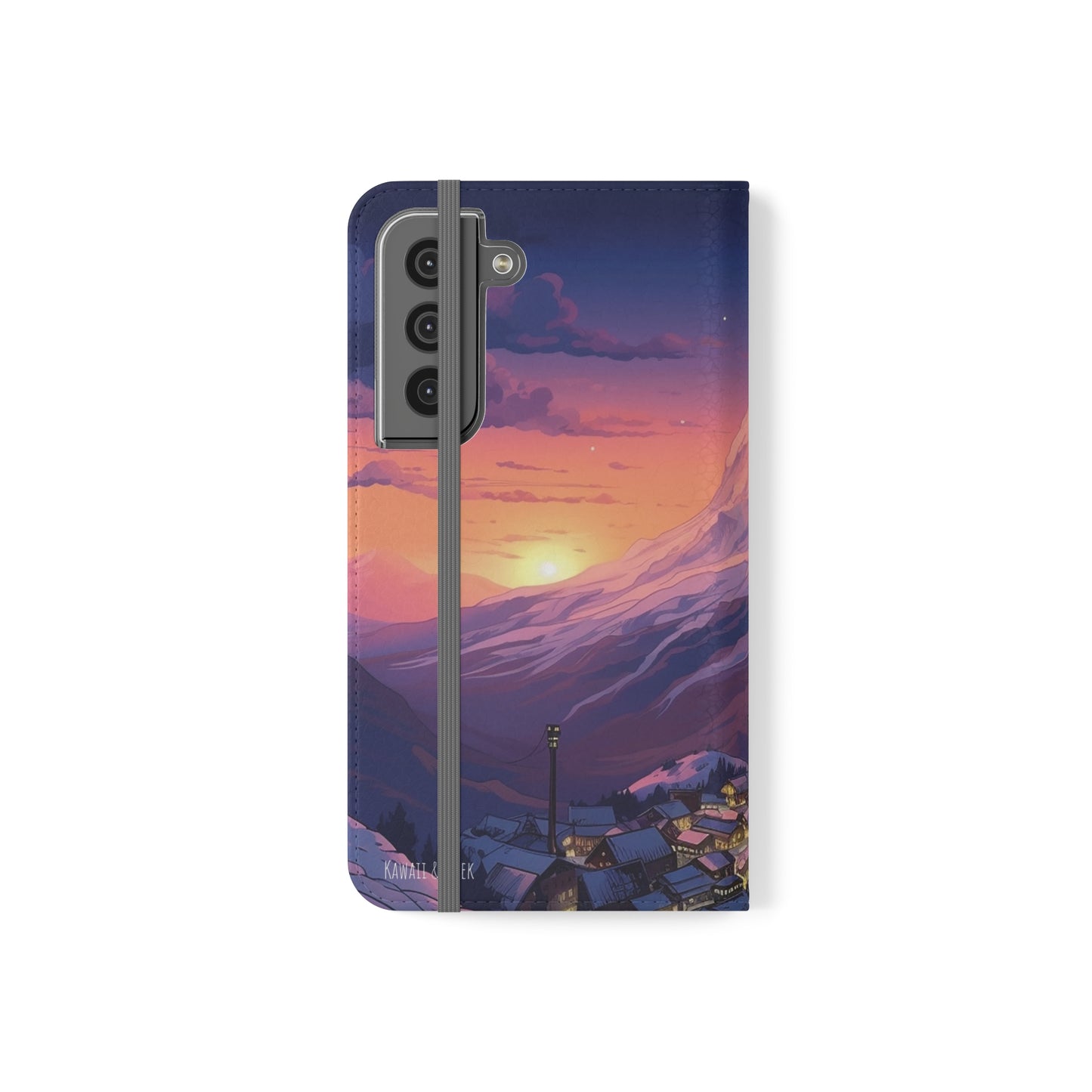 Snowy Mountain Landscape Sunset Flip Phone Case - Discover Serenity with a Charming Mountain Village