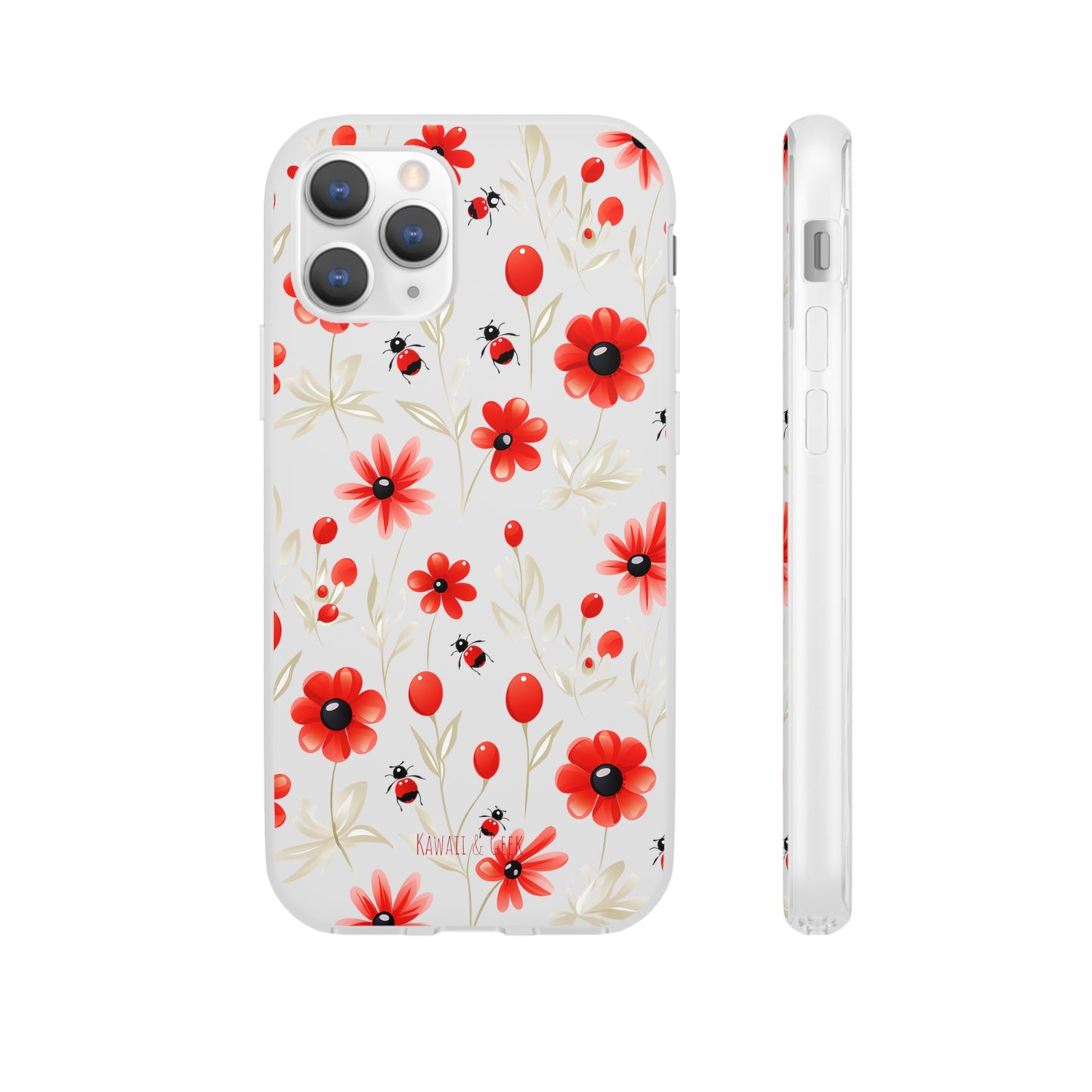 Red Flowers & Cute Bugs: Transparent Flexi Phone Case