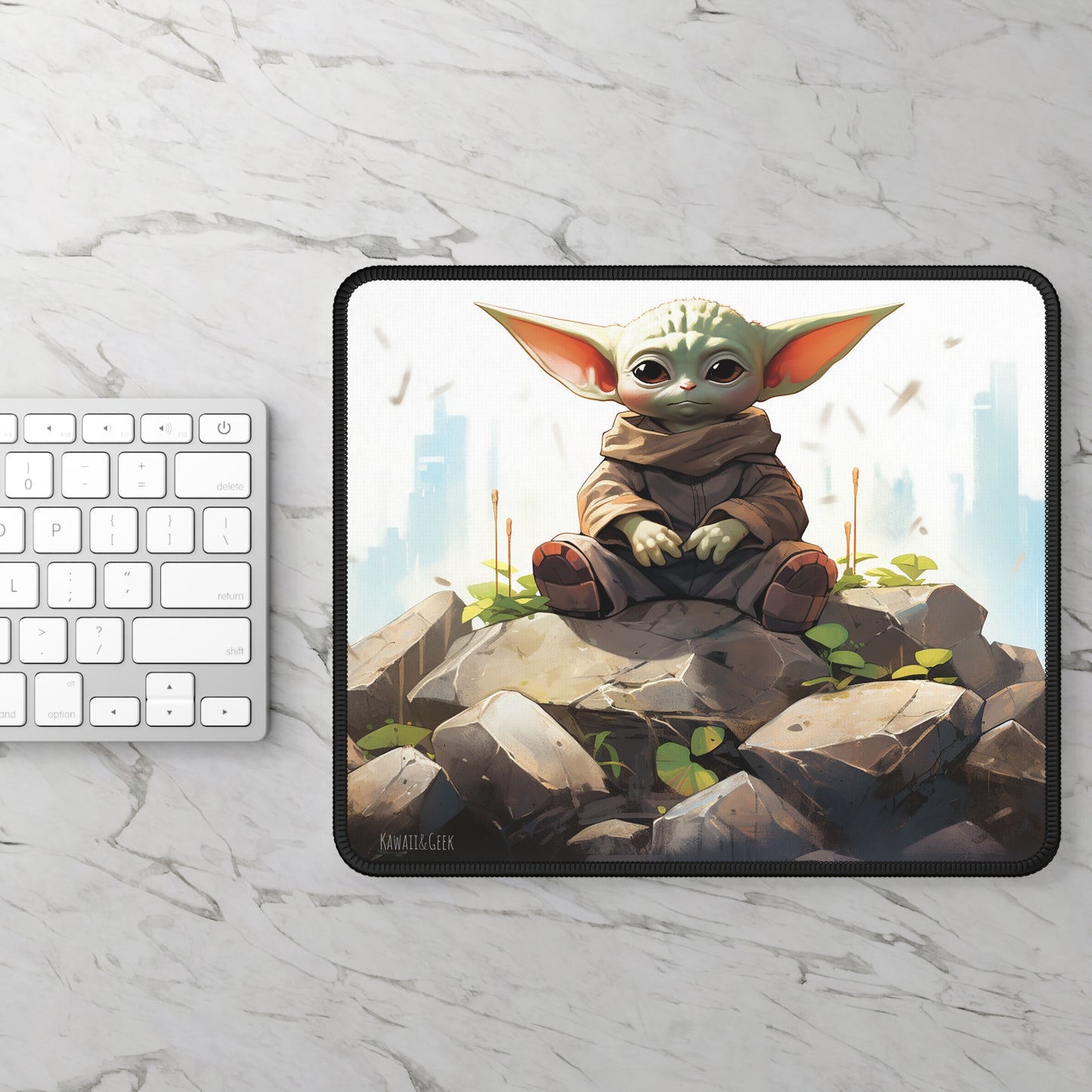 Baby Yoda Grogu Gaming Mouse Pad: Meditating on a Pile of Rocks