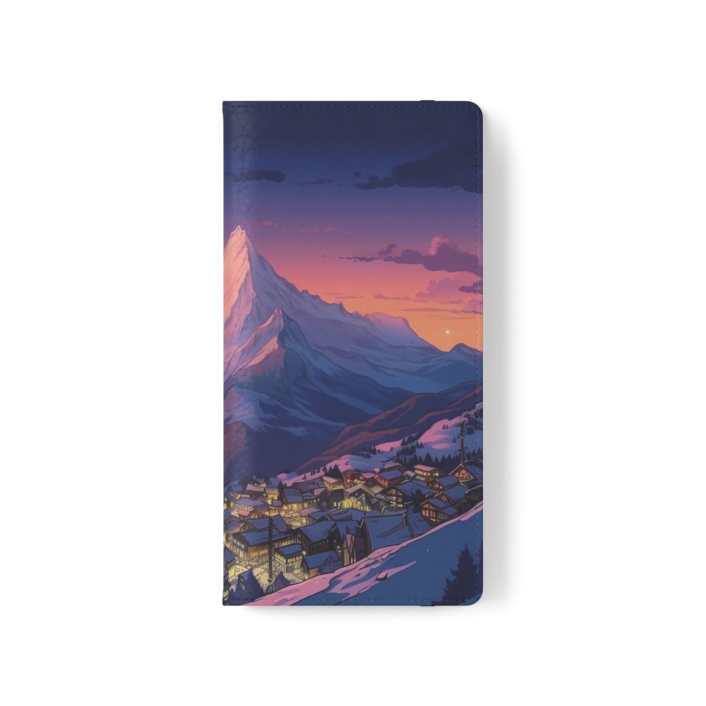 Snowy Mountain Landscape Sunset Flip Phone Case - Discover Serenity with a Charming Mountain Village