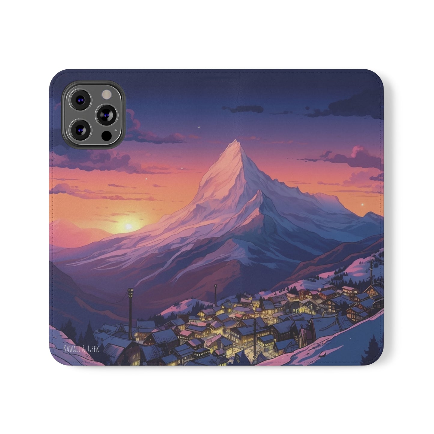 Snowy Mountain Landscape Sunset Flip Phone Case - Discover Serenity with a Charming Mountain Village