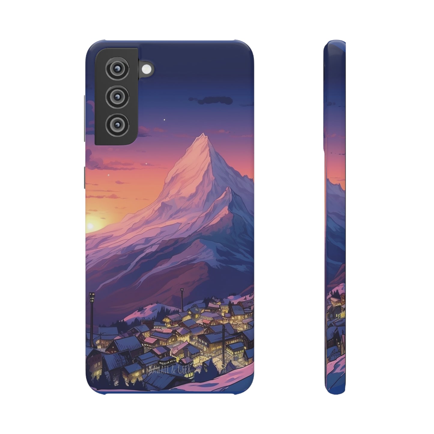 Snowy Mountain Landscape Sunset Phone Case - Discover Serenity with a Charming Mountain Village