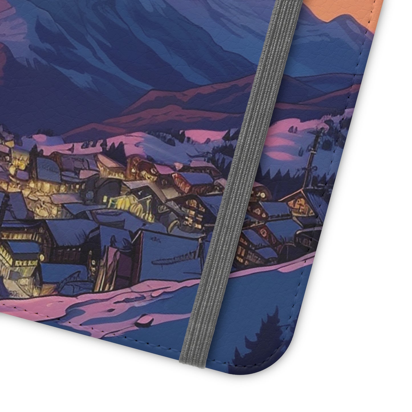 Snowy Mountain Landscape Sunset Flip Phone Case - Discover Serenity with a Charming Mountain Village