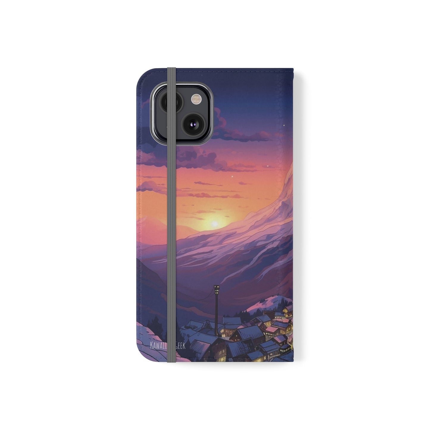 Snowy Mountain Landscape Sunset Flip Phone Case - Discover Serenity with a Charming Mountain Village