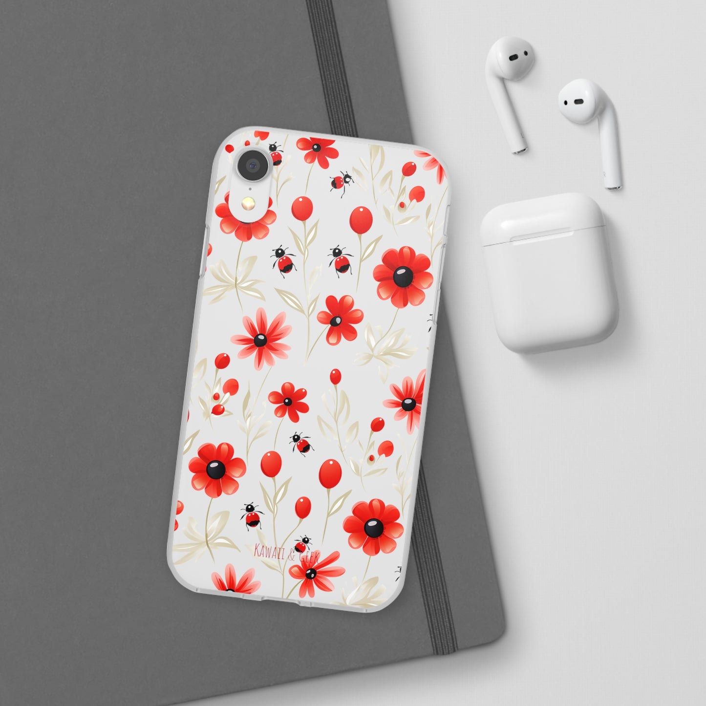 Red Flowers & Cute Bugs: Transparent Flexi Phone Case