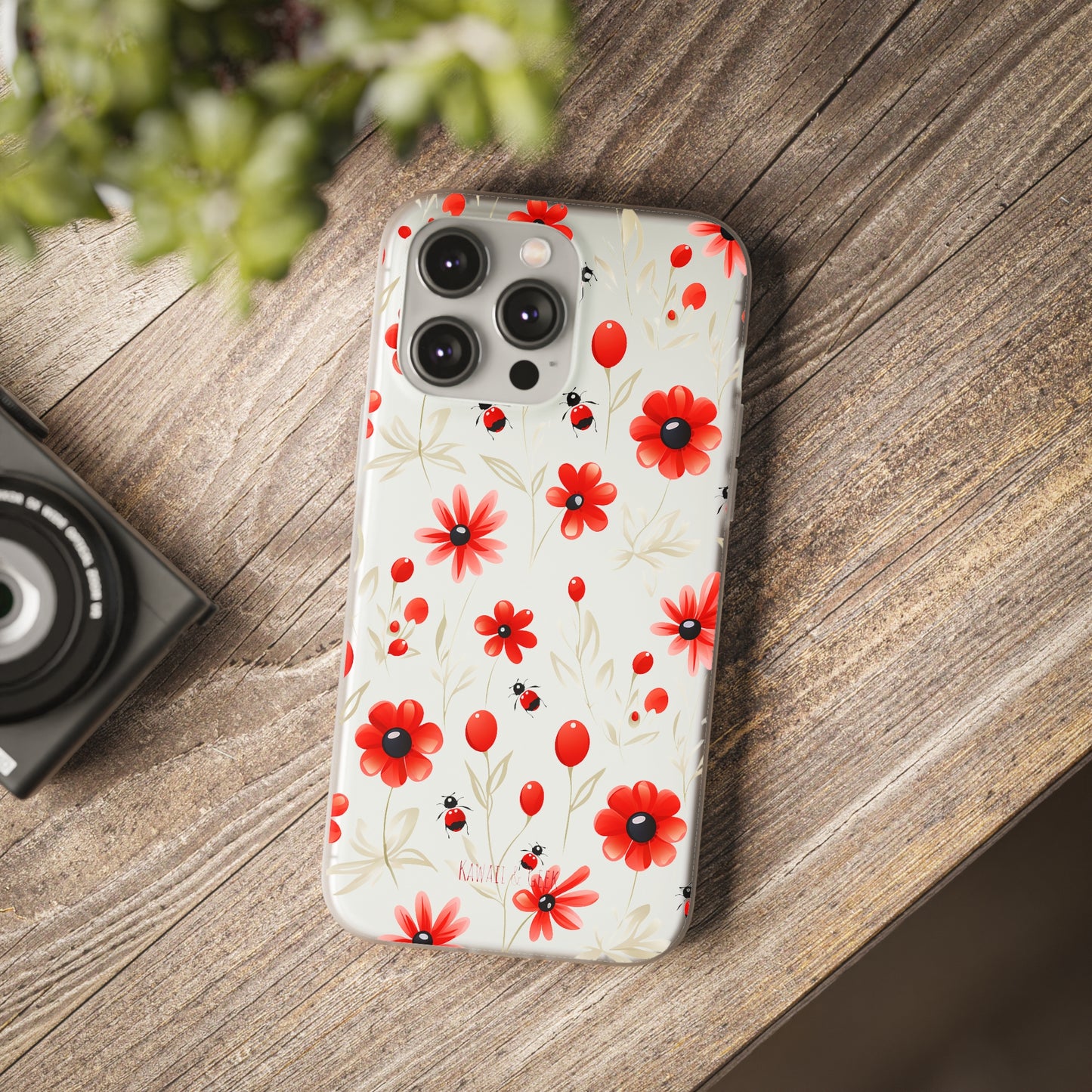 Red Flowers & Cute Bugs: Transparent Flexi Phone Case