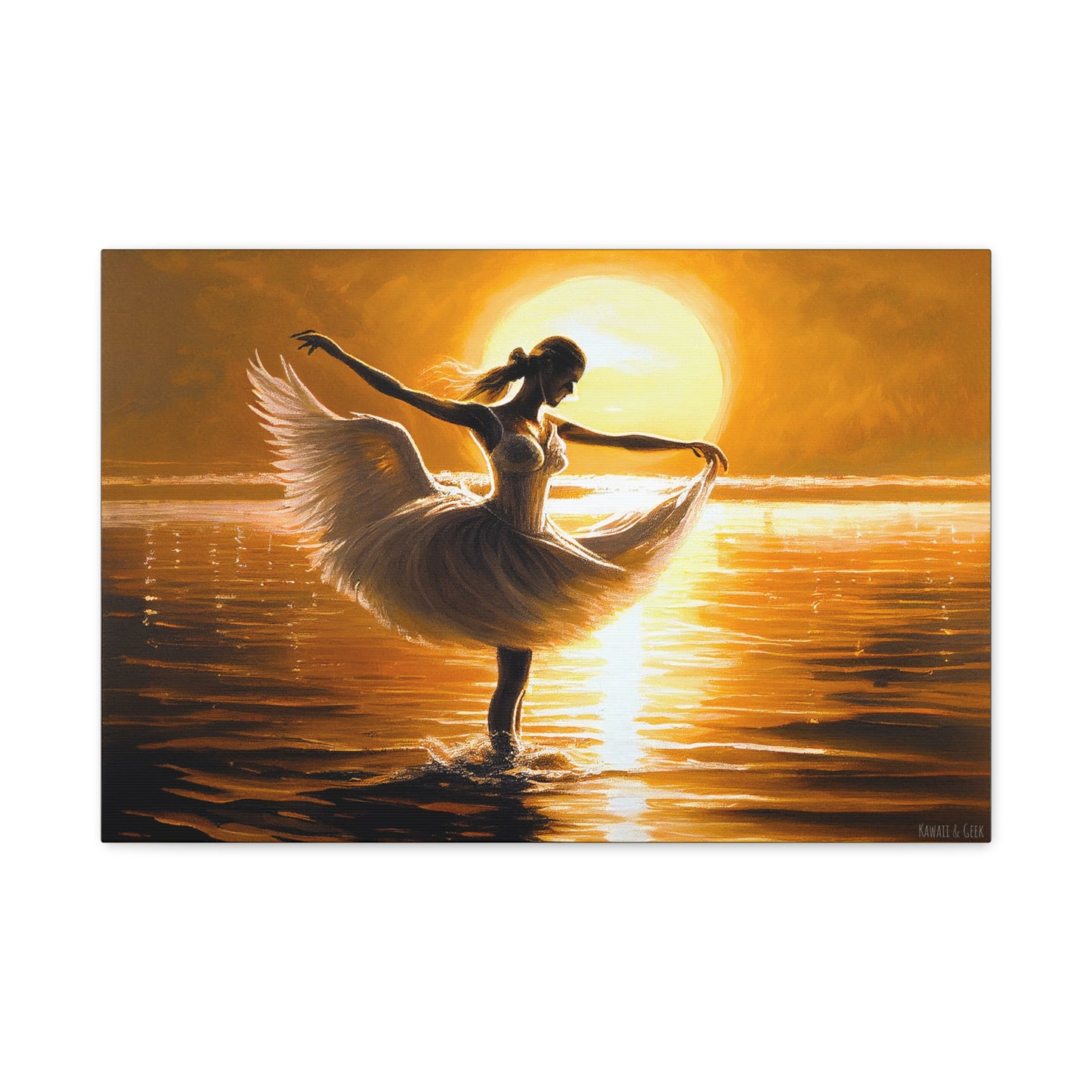 Graceful Dancer Canva - Captivating Swan Feather Dress, Elegant Water Dance at Sunset