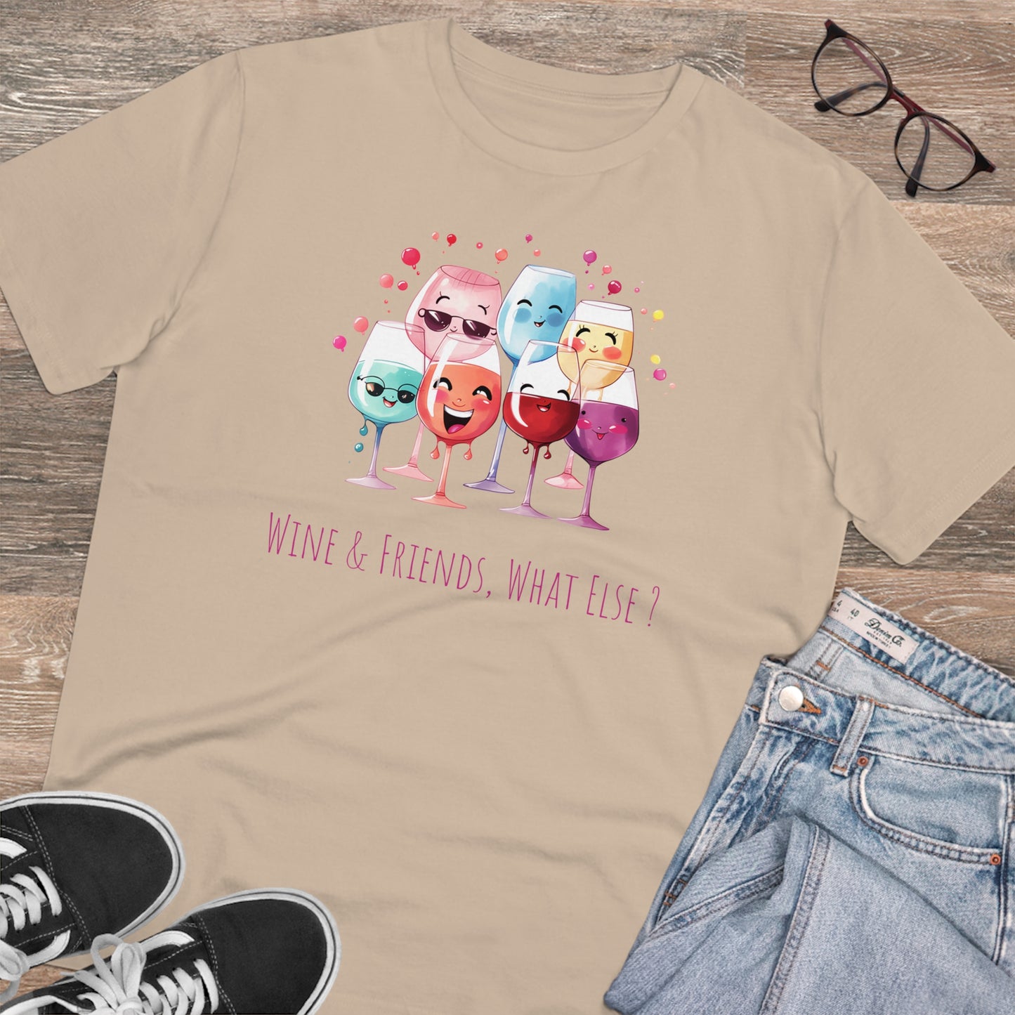 Eco-Friendly 'Wine & Friends' T-Shirt - Kawaii Wine Glasses, Unisex