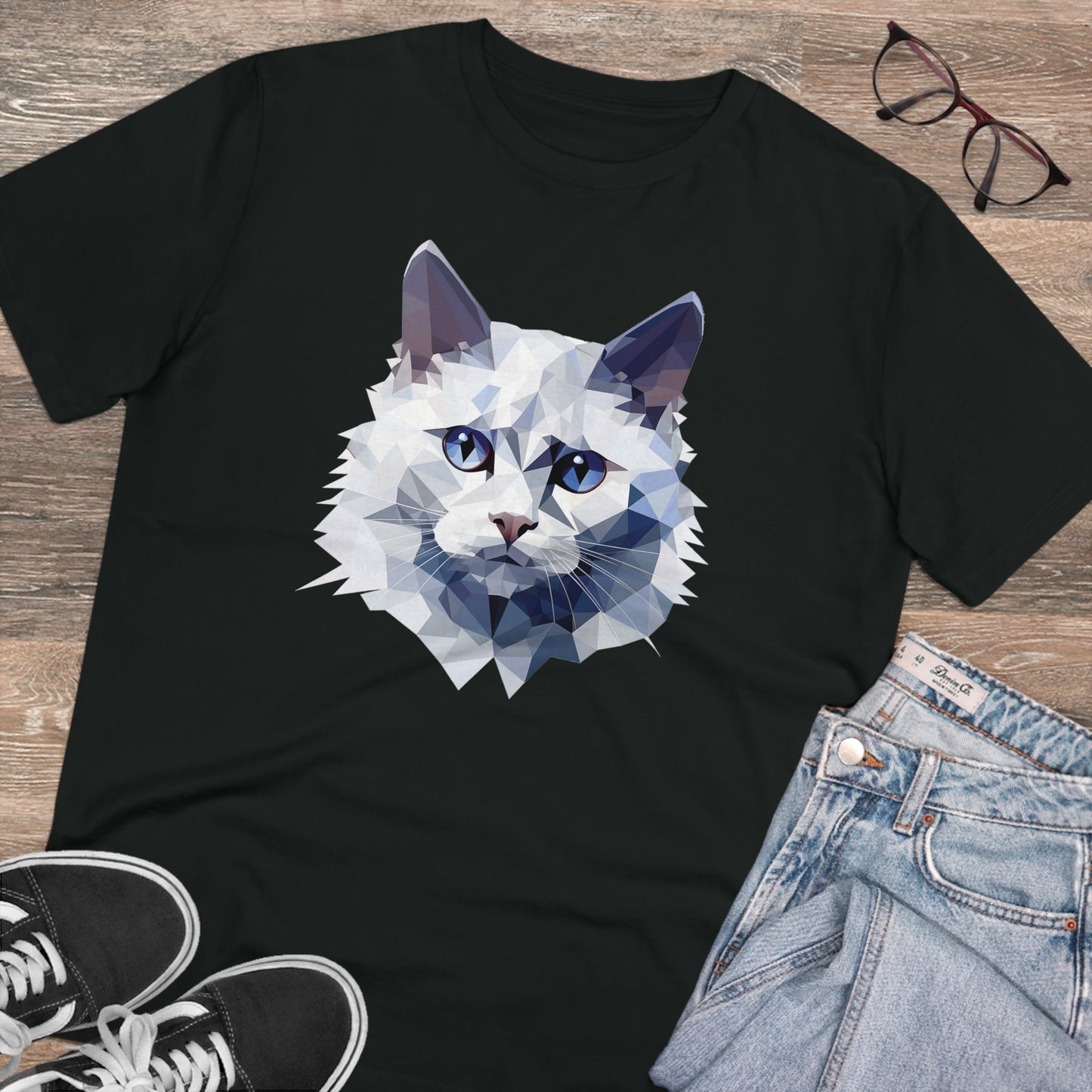 White Angora Cat Polygonal T-Shirt - Embrace Feline Elegance