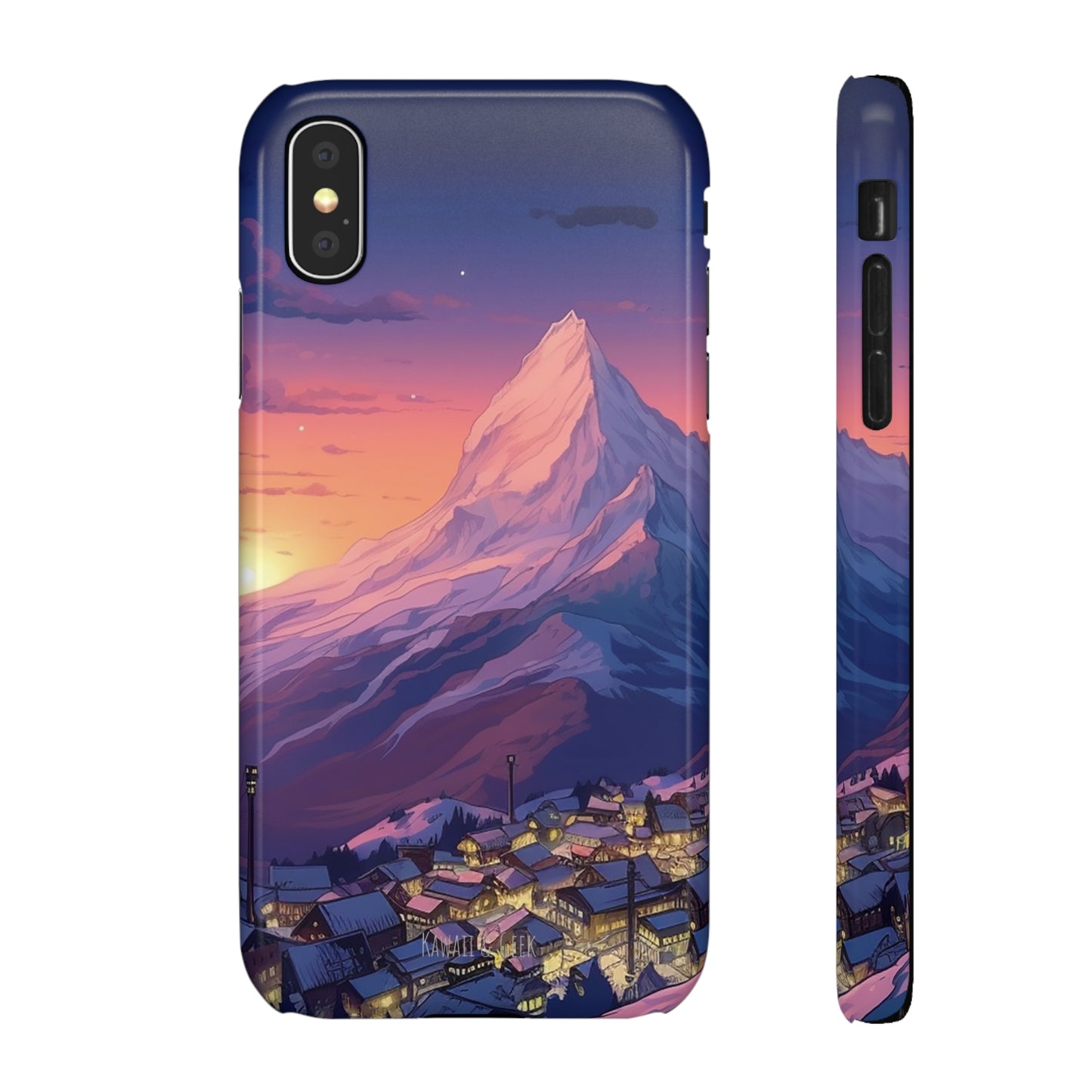 Snowy Mountain Landscape Sunset Phone Case - Discover Serenity with a Charming Mountain Village