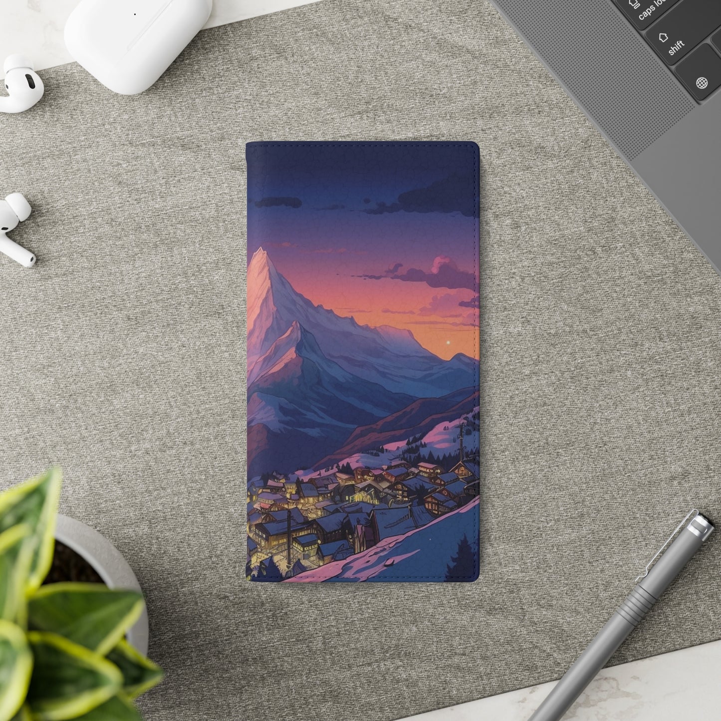 Snowy Mountain Landscape Sunset Flip Phone Case - Discover Serenity with a Charming Mountain Village