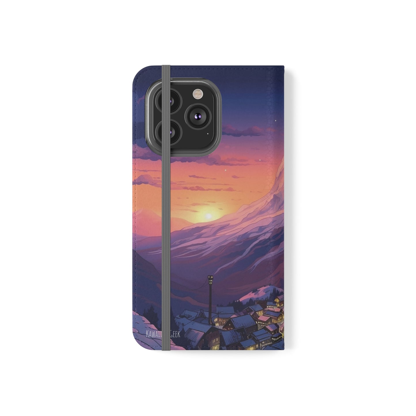 Snowy Mountain Landscape Sunset Flip Phone Case - Discover Serenity with a Charming Mountain Village