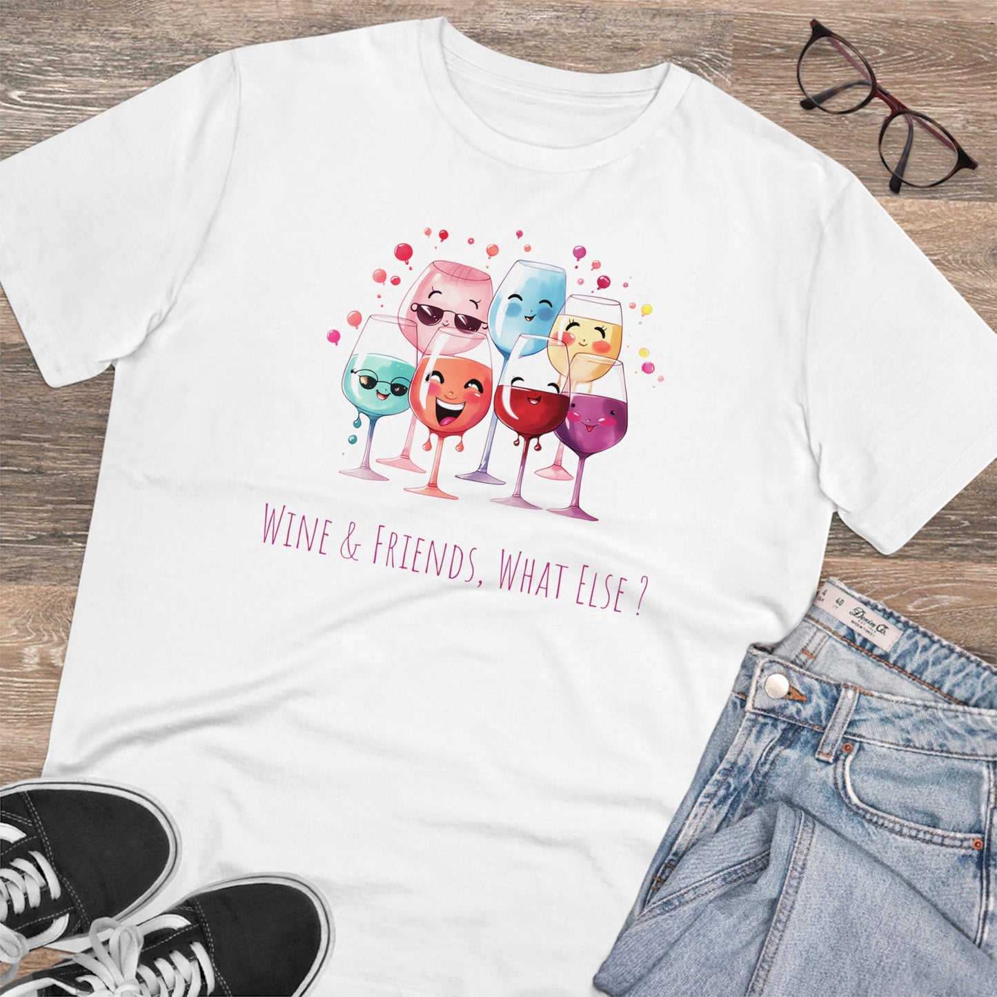 Eco-Friendly 'Wine & Friends' T-Shirt - Kawaii Wine Glasses, Unisex