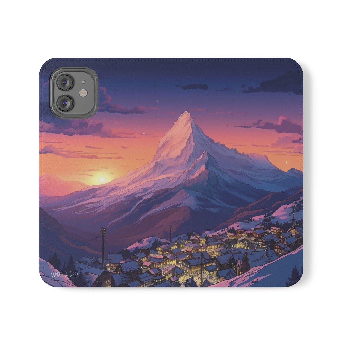 Snowy Mountain Landscape Sunset Flip Phone Case - Discover Serenity with a Charming Mountain Village