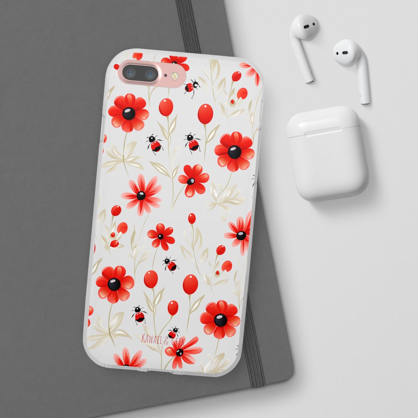 Red Flowers & Cute Bugs: Transparent Flexi Phone Case