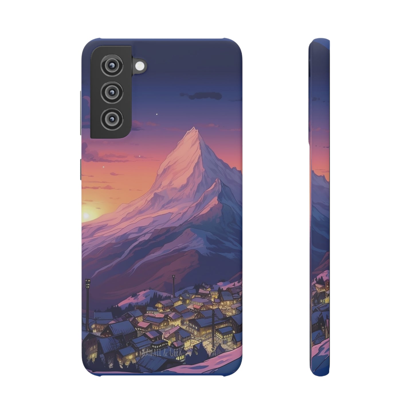 Snowy Mountain Landscape Sunset Phone Case - Discover Serenity with a Charming Mountain Village