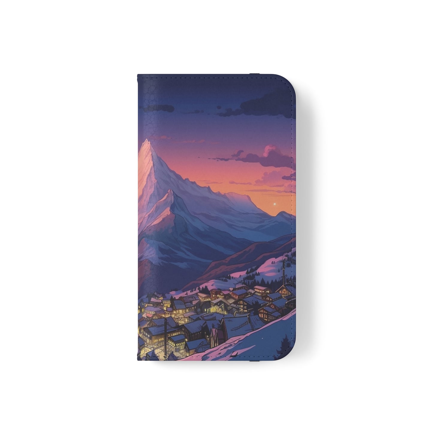 Snowy Mountain Landscape Sunset Flip Phone Case - Discover Serenity with a Charming Mountain Village