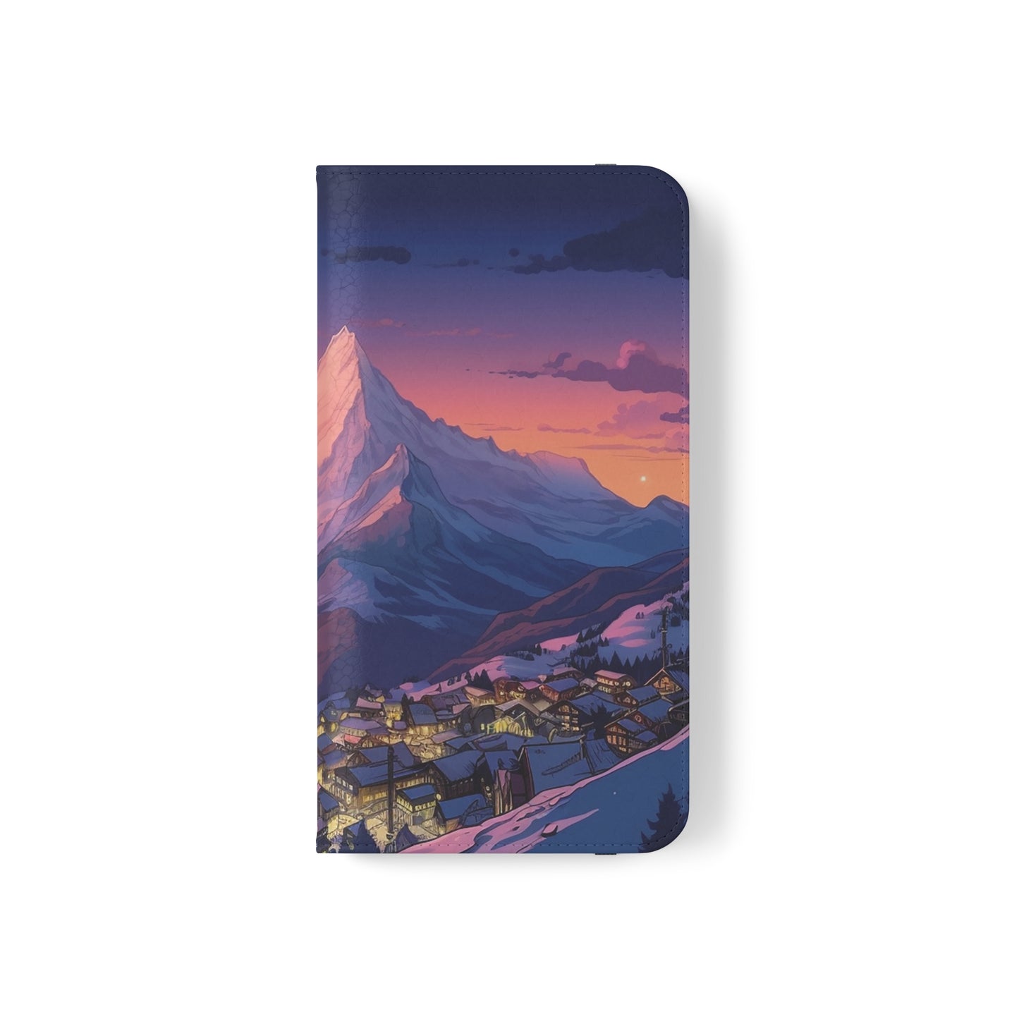 Snowy Mountain Landscape Sunset Flip Phone Case - Discover Serenity with a Charming Mountain Village