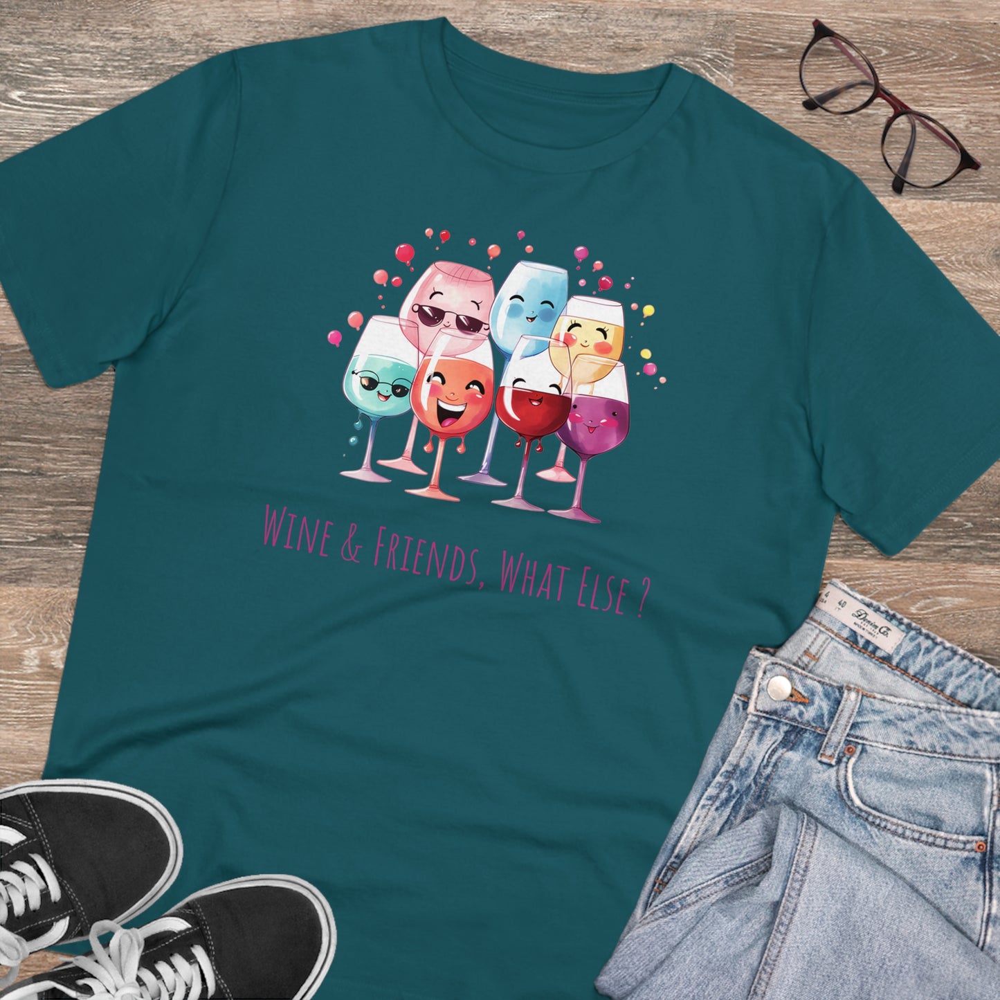 Eco-Friendly 'Wine & Friends' T-Shirt - Kawaii Wine Glasses, Unisex