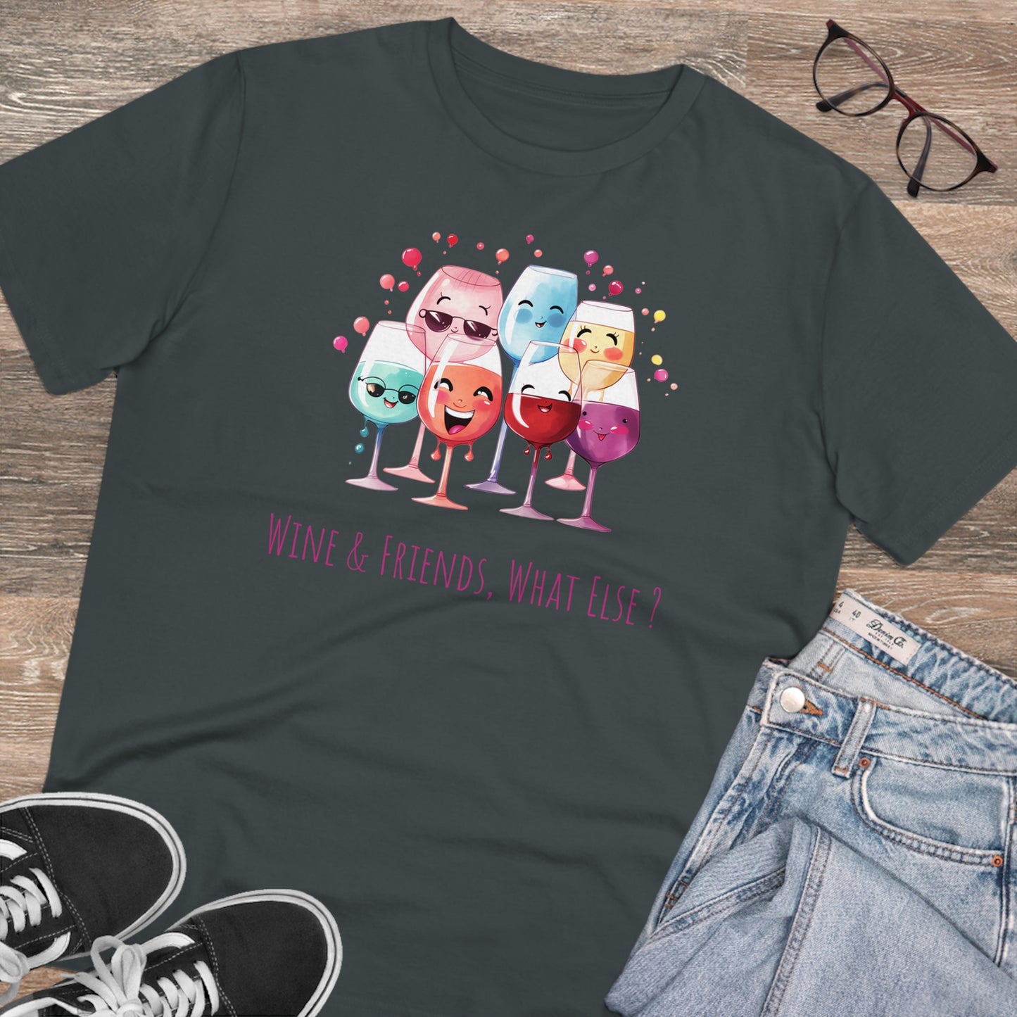 Eco-Friendly 'Wine & Friends' T-Shirt - Kawaii Wine Glasses, Unisex