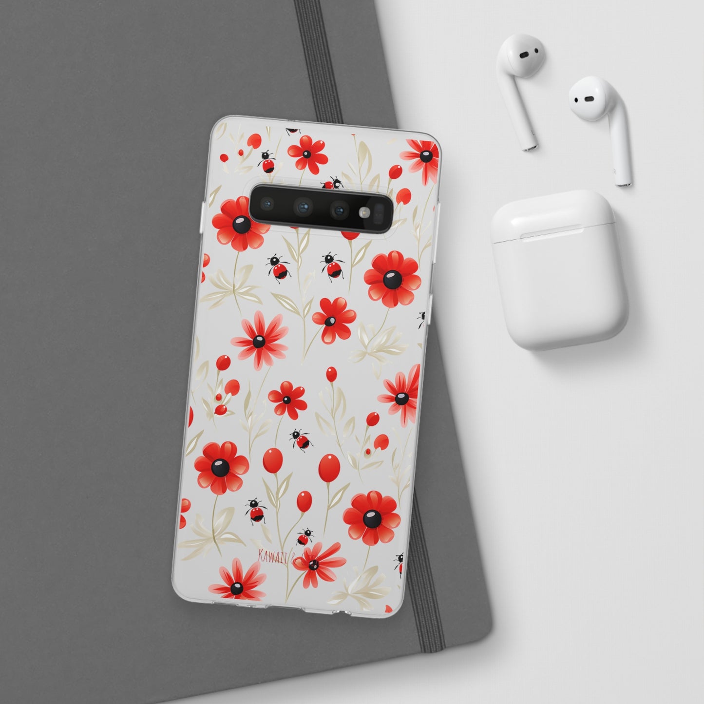 Red Flowers & Cute Bugs: Transparent Flexi Phone Case