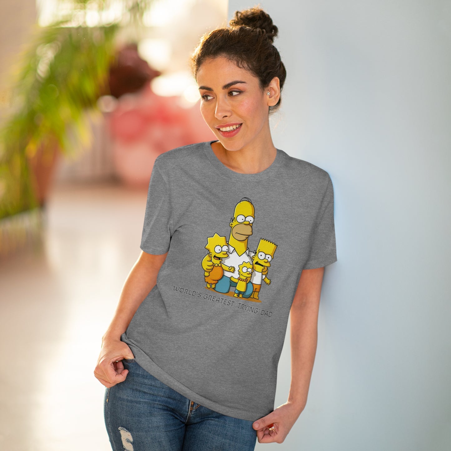 World's Greatest Trying Dad - Unisex Eco-Friendly T-Shirt - Celebrate Father's Day with Cute Homer Simpson and His Kids