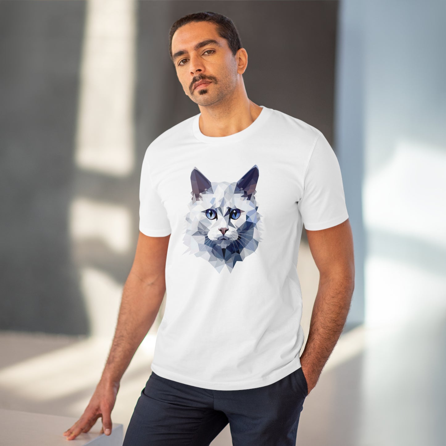 White Angora Cat Polygonal T-Shirt - Embrace Feline Elegance