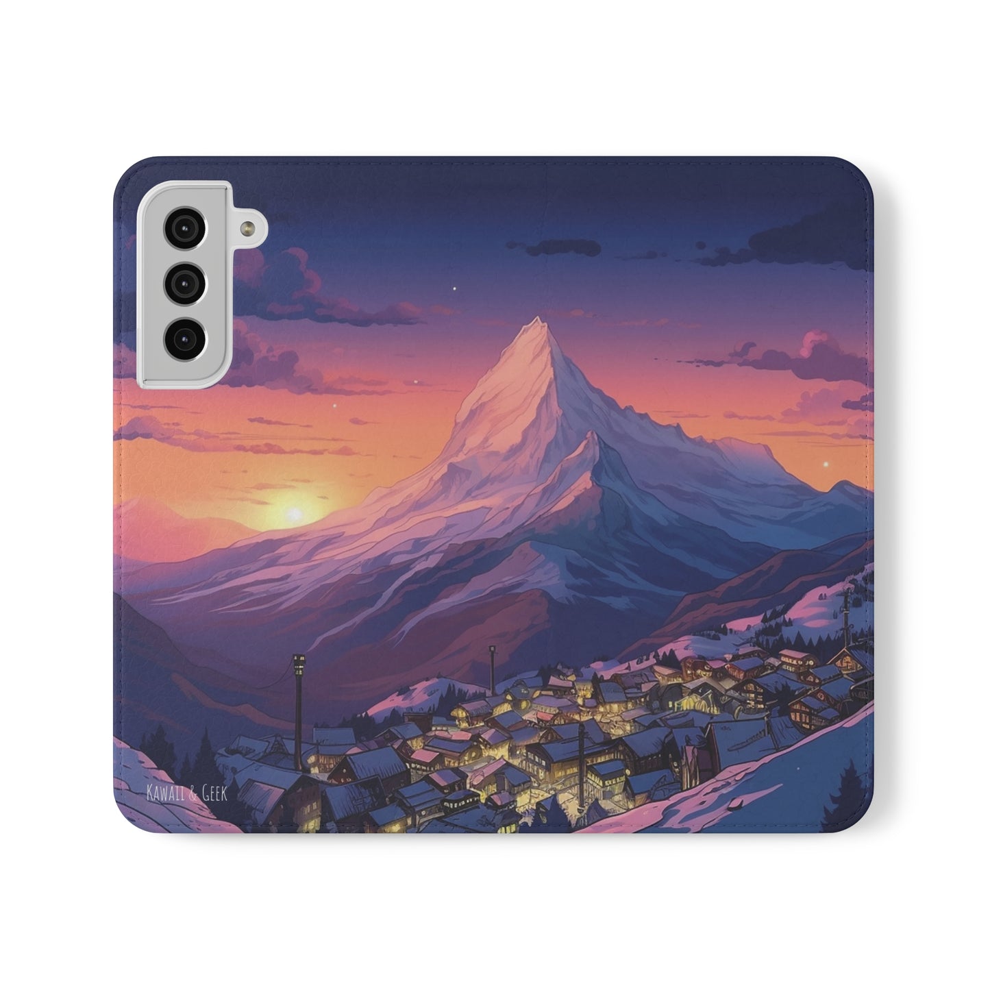 Snowy Mountain Landscape Sunset Flip Phone Case - Discover Serenity with a Charming Mountain Village