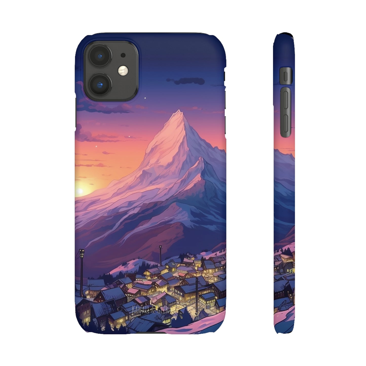 Snowy Mountain Landscape Sunset Phone Case - Discover Serenity with a Charming Mountain Village