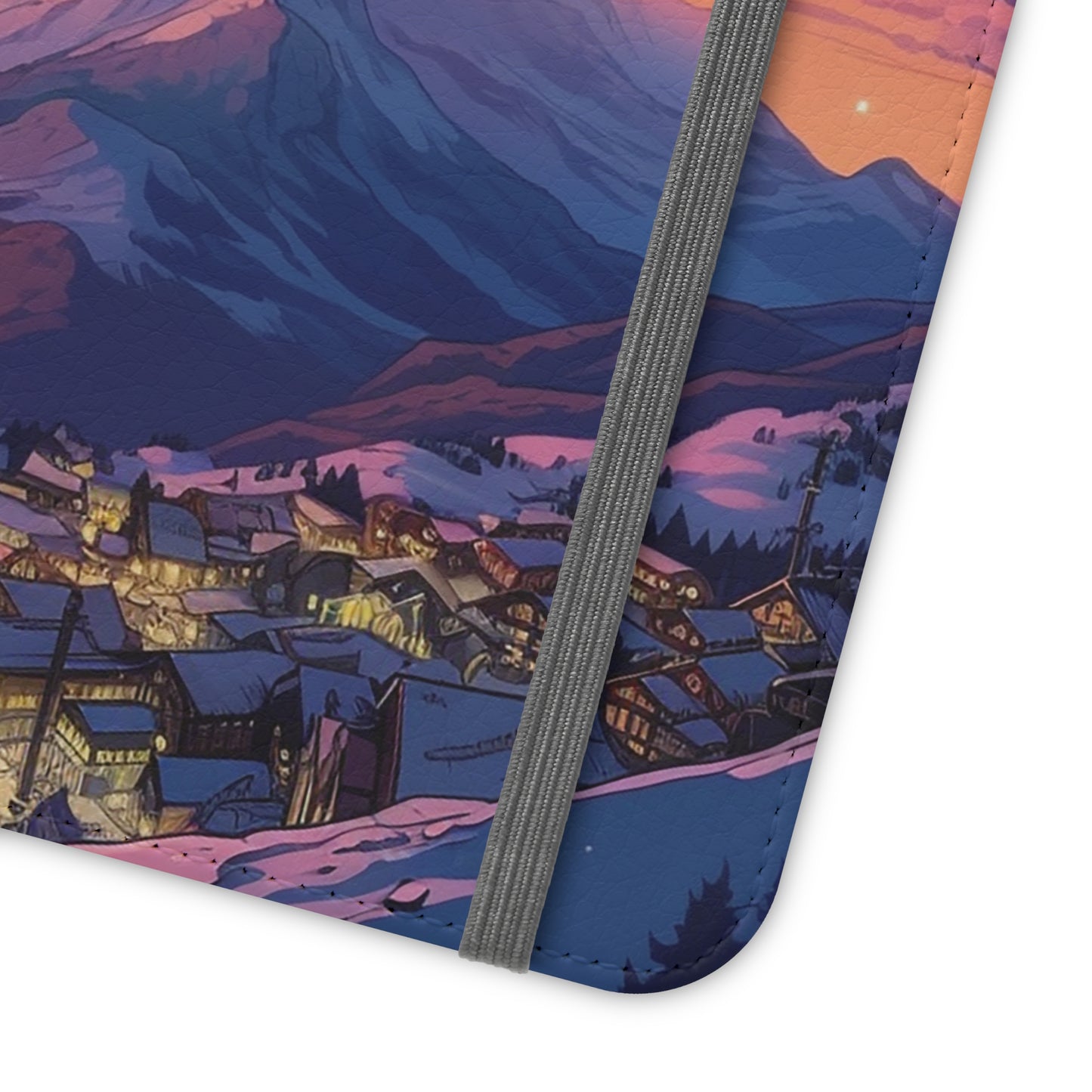 Snowy Mountain Landscape Sunset Flip Phone Case - Discover Serenity with a Charming Mountain Village