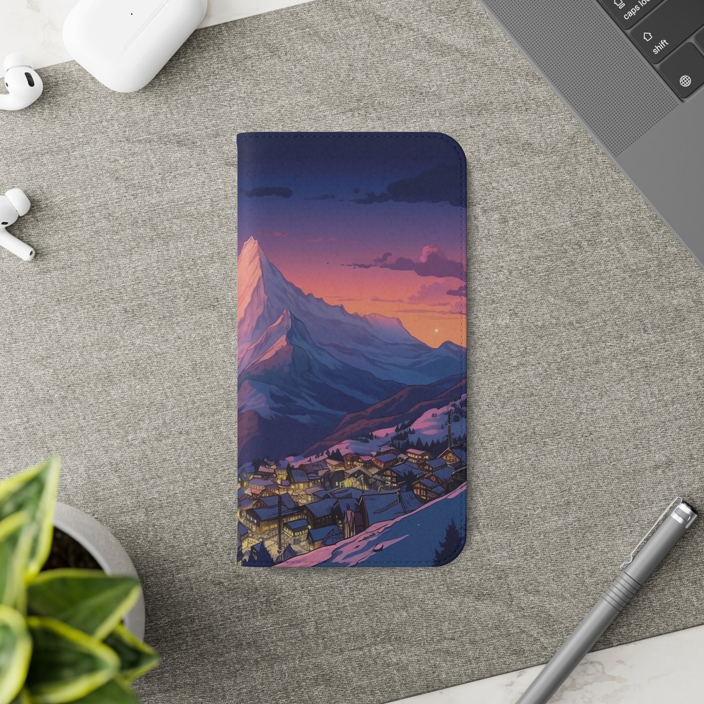 Snowy Mountain Landscape Sunset Flip Phone Case - Discover Serenity with a Charming Mountain Village