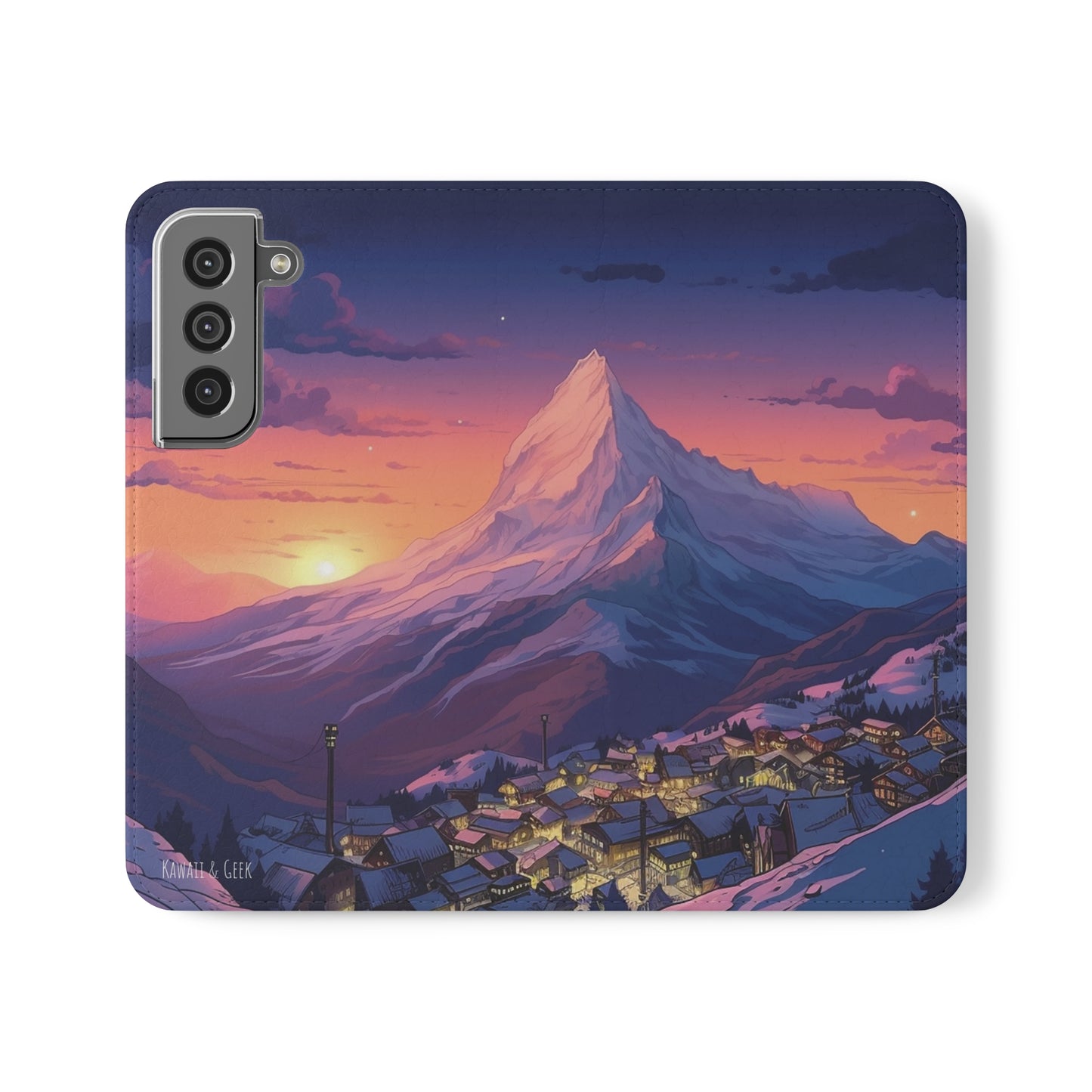 Snowy Mountain Landscape Sunset Flip Phone Case - Discover Serenity with a Charming Mountain Village