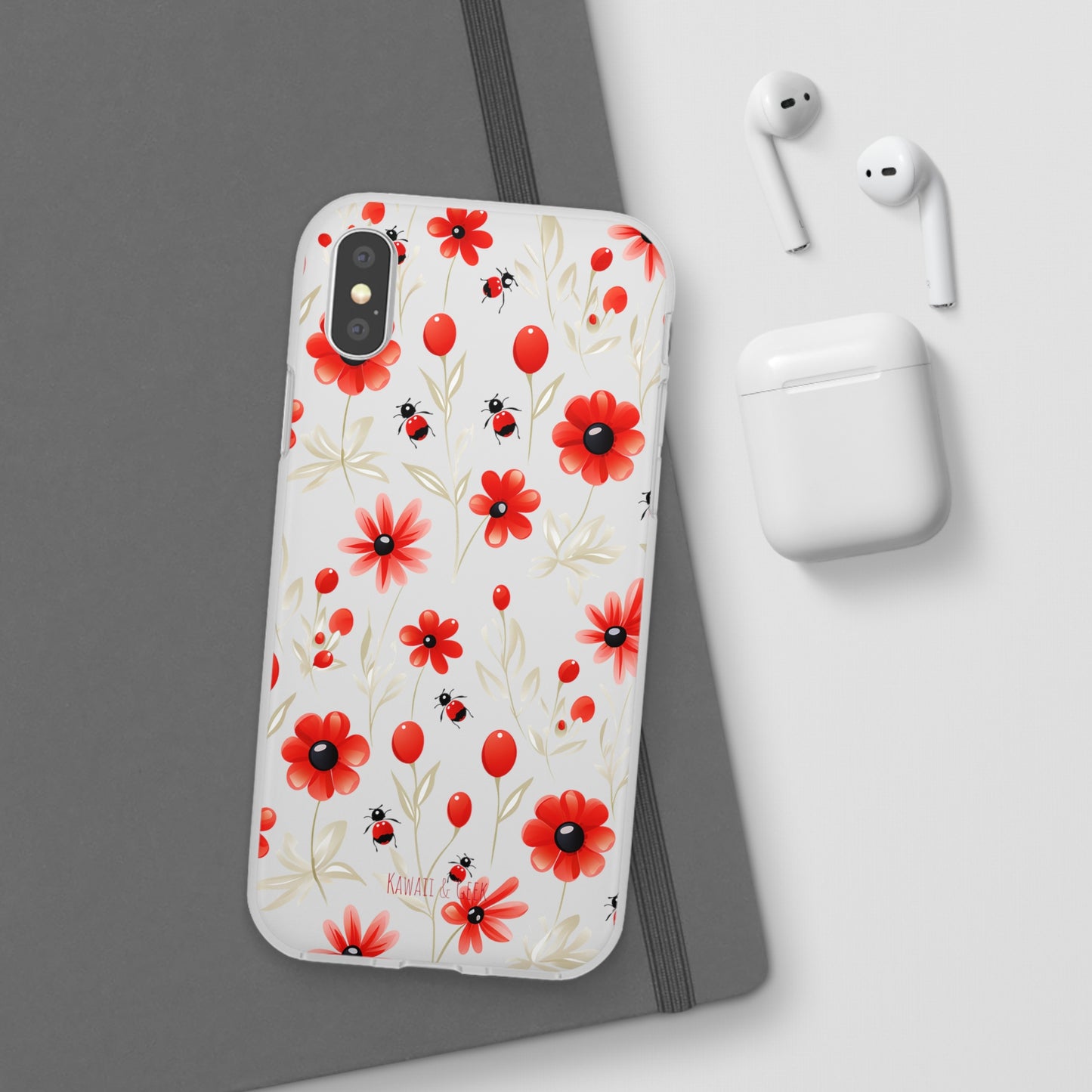 Red Flowers & Cute Bugs: Transparent Flexi Phone Case