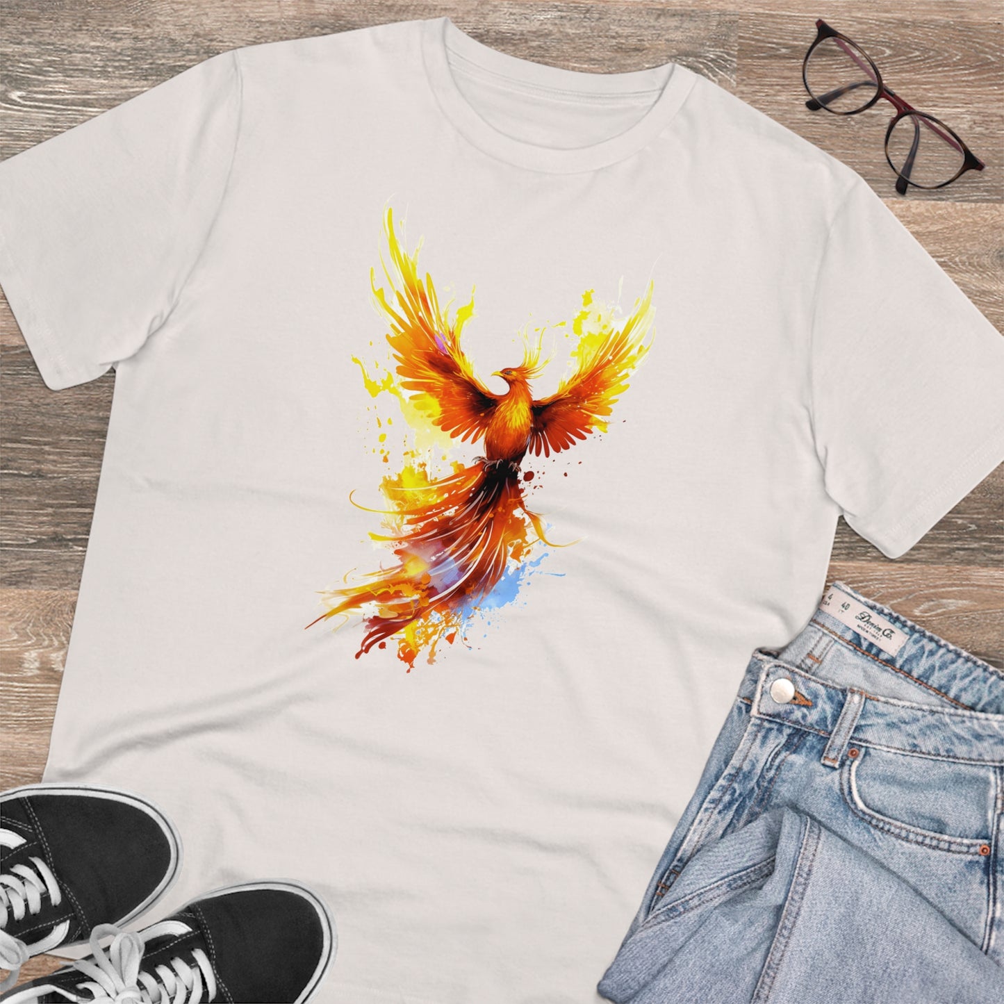 Burning Phoenix Watercolor T-Shirt - Unisex and Eco-Friendly Fashion with a Fiery Twist