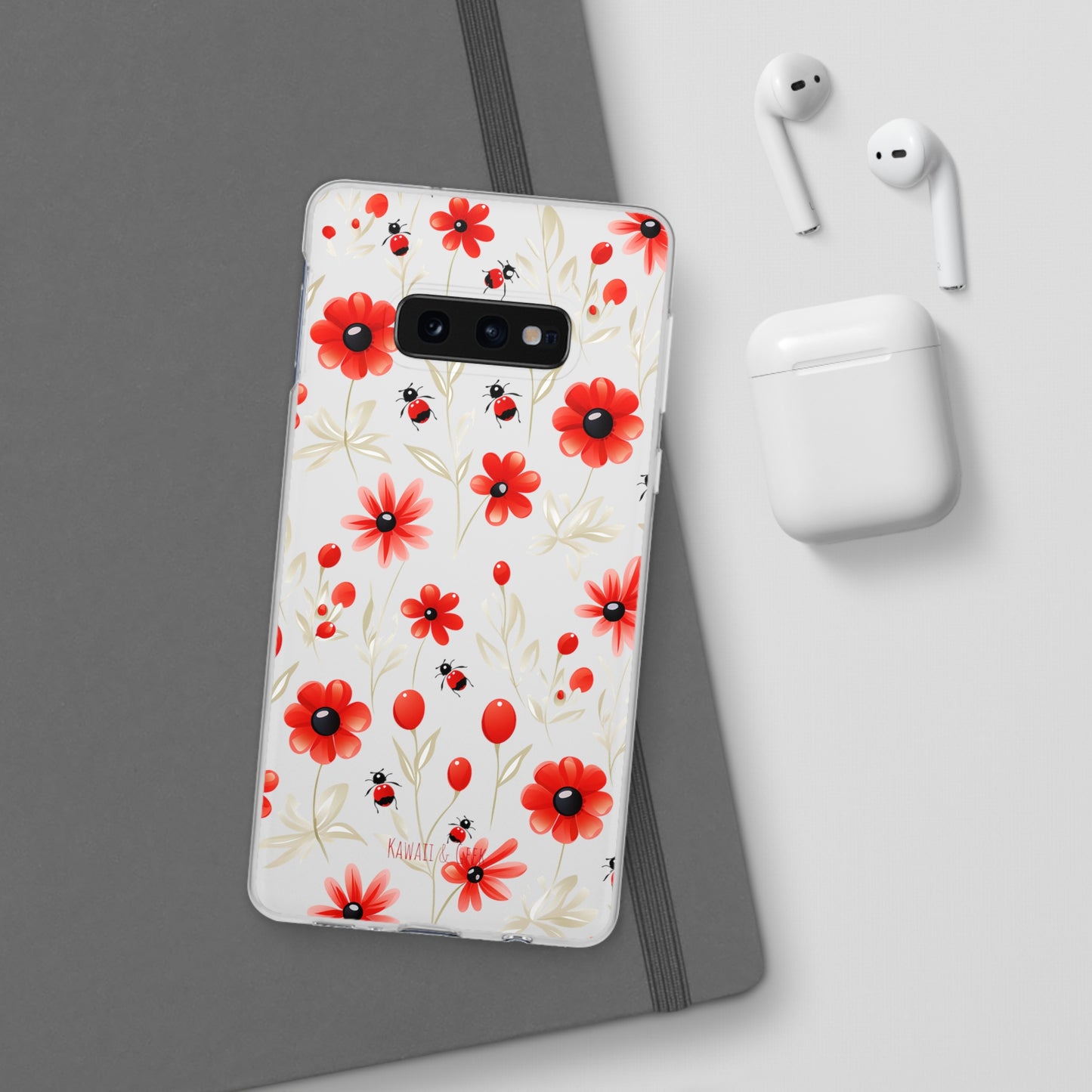 Red Flowers & Cute Bugs: Transparent Flexi Phone Case