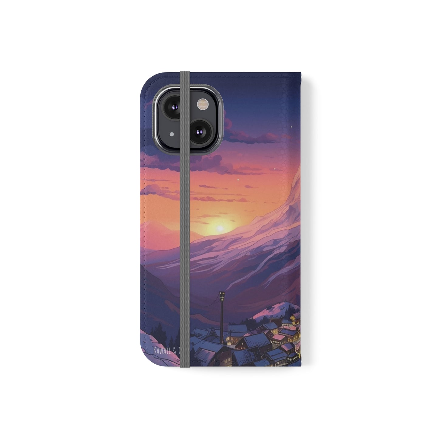 Snowy Mountain Landscape Sunset Flip Phone Case - Discover Serenity with a Charming Mountain Village