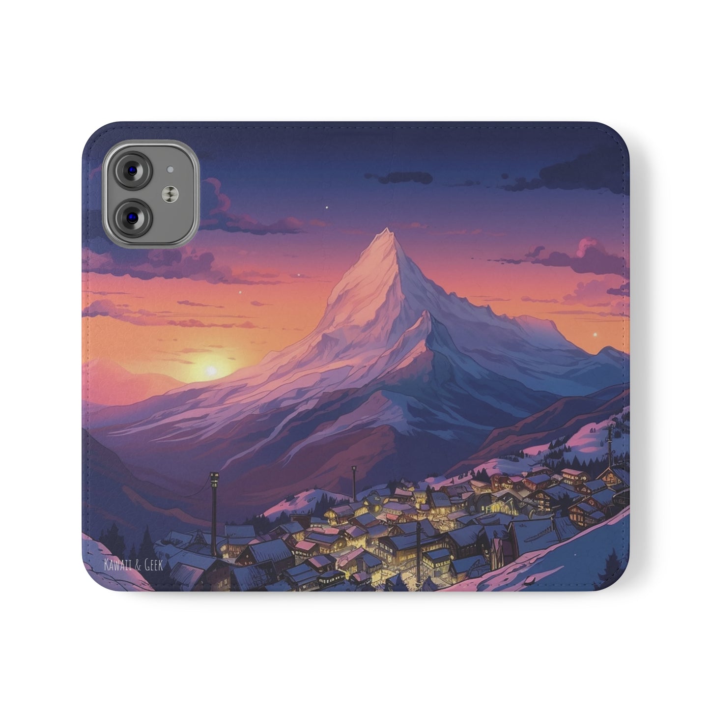 Snowy Mountain Landscape Sunset Flip Phone Case - Discover Serenity with a Charming Mountain Village