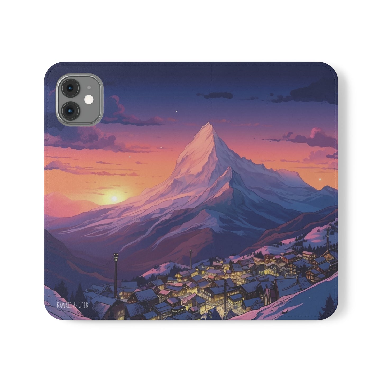 Snowy Mountain Landscape Sunset Flip Phone Case - Discover Serenity with a Charming Mountain Village