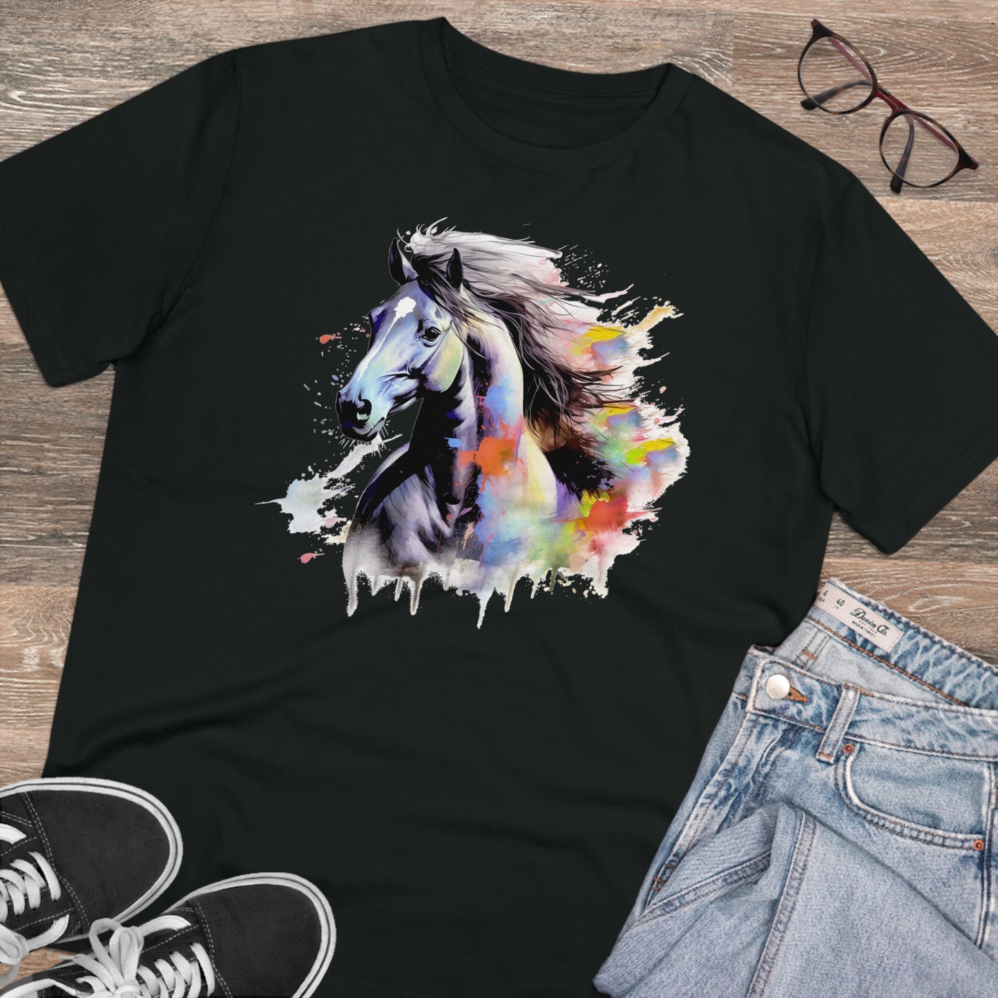 Black Horse Watercolor T-Shirt - Unisex and Eco-Friendly Fashion Statement