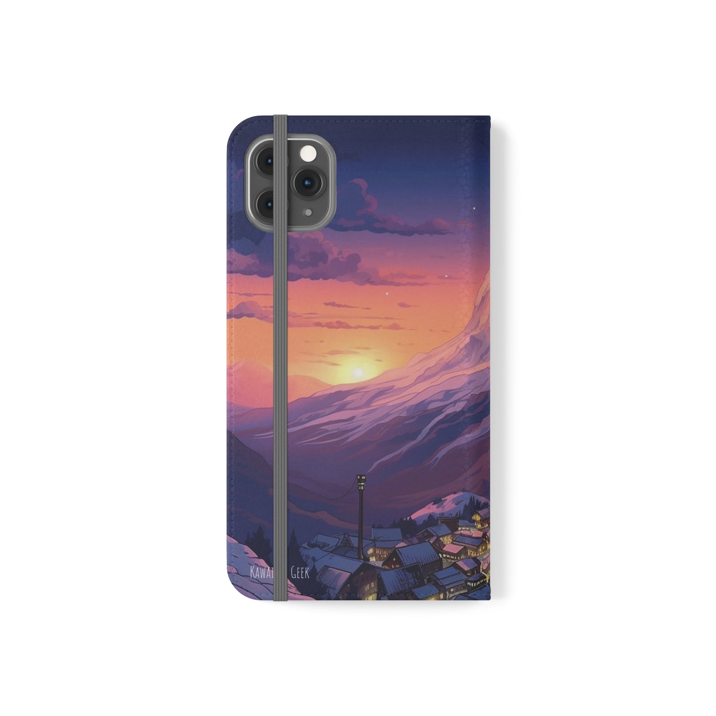 Snowy Mountain Landscape Sunset Flip Phone Case - Discover Serenity with a Charming Mountain Village