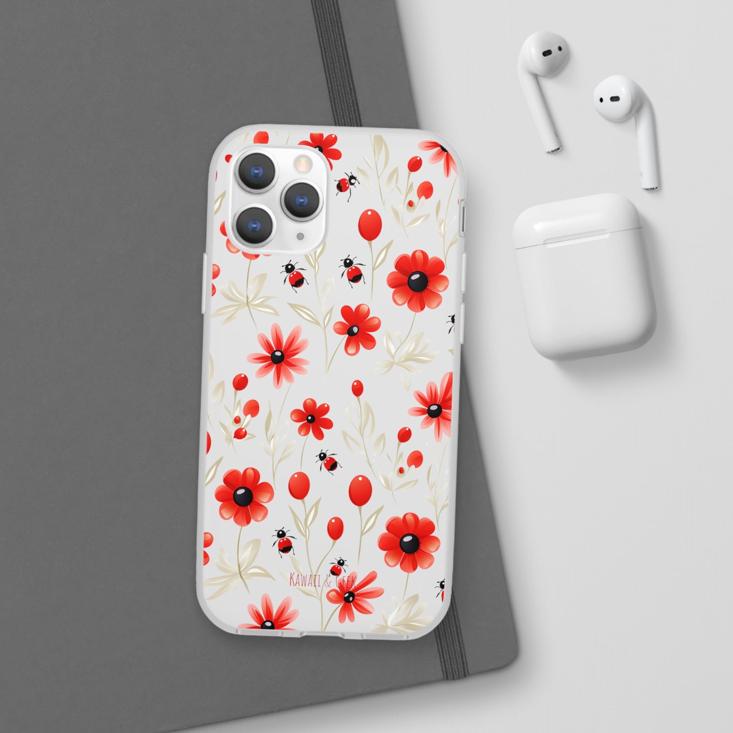 Red Flowers & Cute Bugs: Transparent Flexi Phone Case