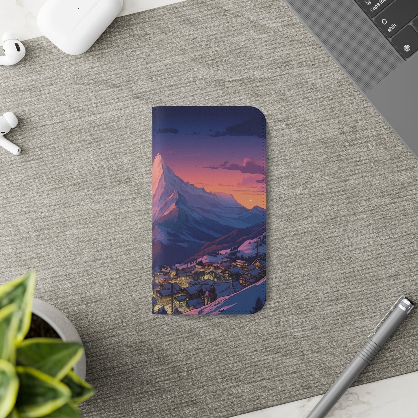 Snowy Mountain Landscape Sunset Flip Phone Case - Discover Serenity with a Charming Mountain Village