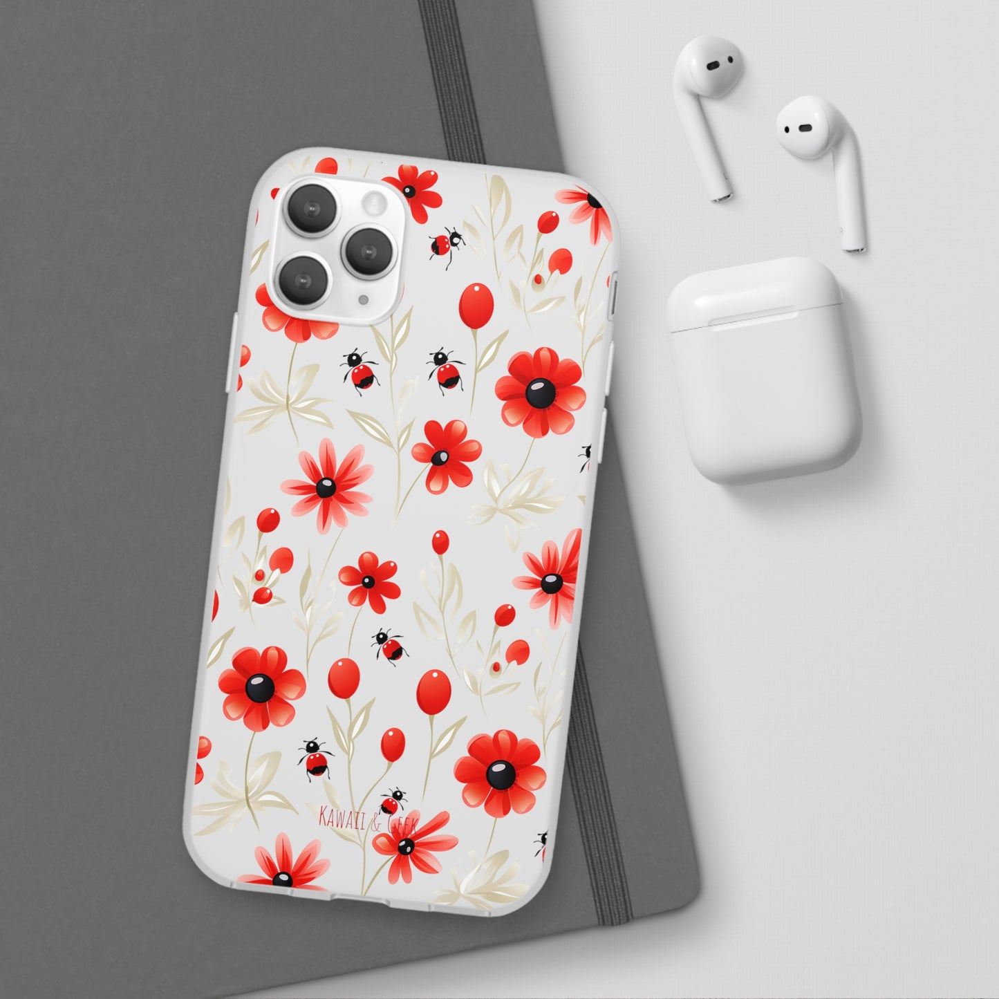 Red Flowers & Cute Bugs: Transparent Flexi Phone Case